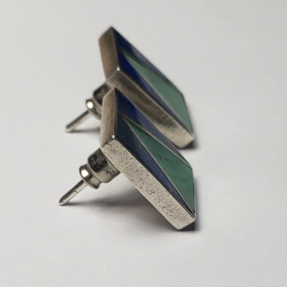 Rectangular Malachite /Lapis Inlay Vintage Sterli… - image 5